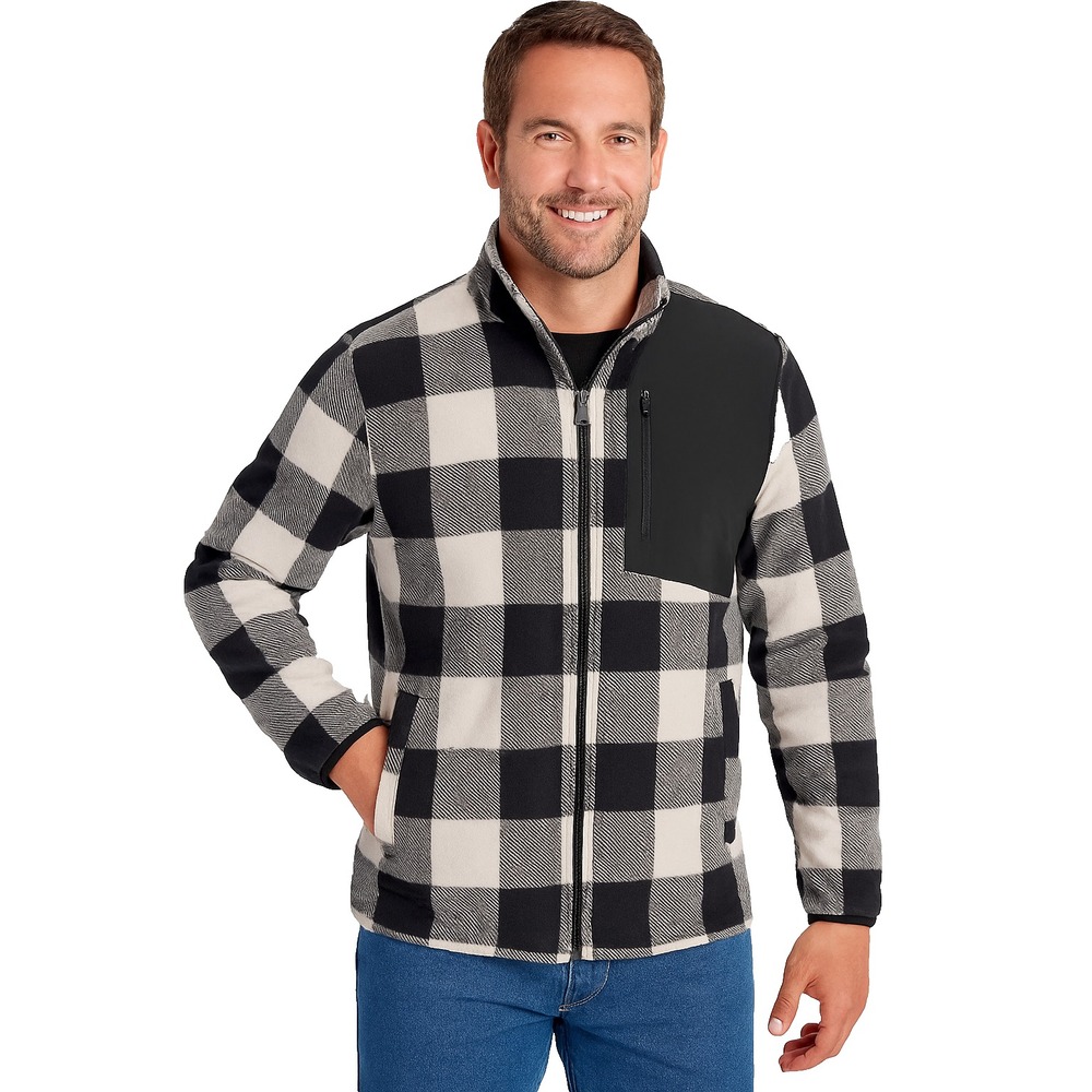 Skechers Mens Full Zip Fleece Plaid Jacket 2XL Black-White Zip Pocket‎ Mock Neck